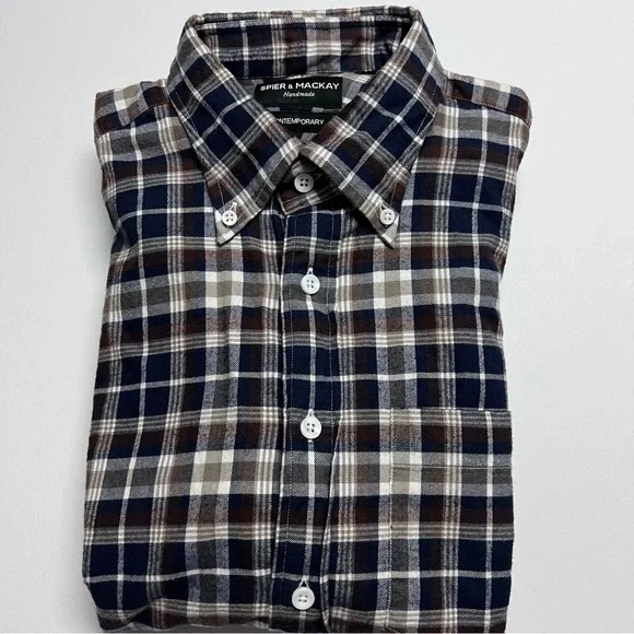 Spier & Mackay Shirts | Spier & Mackay Handmade Contemporary Fit Navy & Brown Check Flannel Shirt 16/34 | Color: Blue/Brown | Size: 16 |